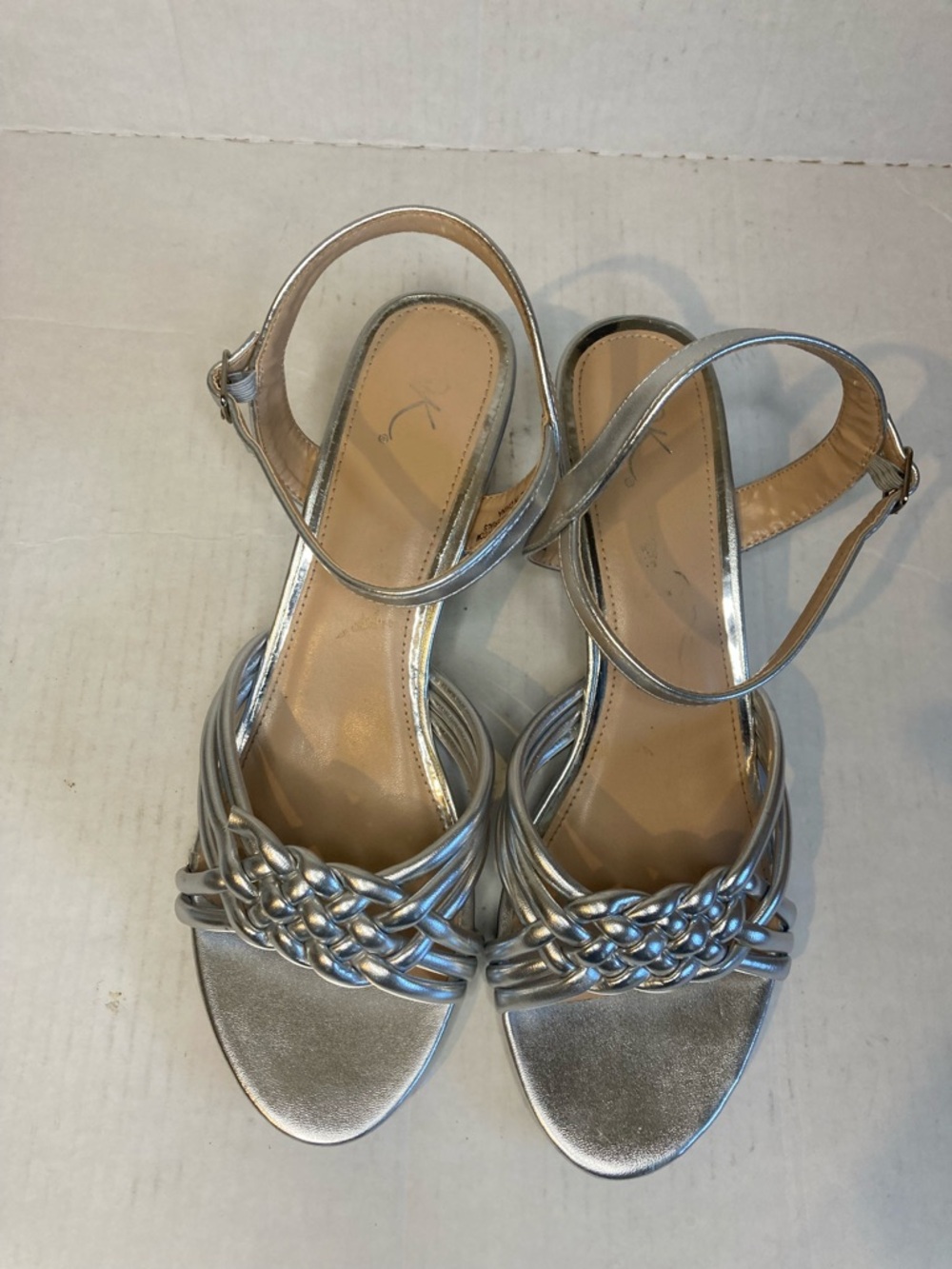 Women's Silver Braided-Strap Heeled Sandals with Ankle Strap